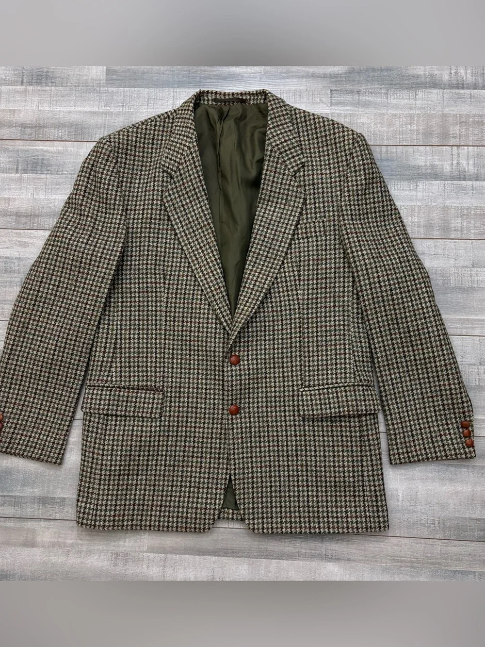 Vtg Joel Ferrin Harris Tweed Blazer Men's 46R Beige Houndstooth Wool Sport Coat
